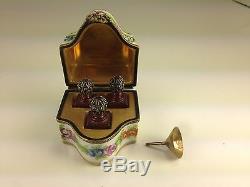 LIMOGES Rehausse Main Large Trinket Box with 3 Jewel Top Perfume Bottles FUNNEL