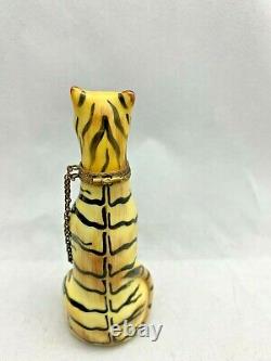 LIMOGES Striped TIGER CAT Sitting Hinged TRINKET BOX with Chain 4.25 Tall