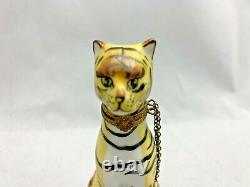 LIMOGES Striped TIGER CAT Sitting Hinged TRINKET BOX with Chain 4.25 Tall