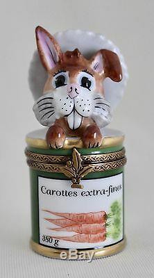 LIMOGES Trinket Box Bunny Rabbit in Tin Can of Carrots peint a la main
