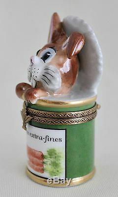 LIMOGES Trinket Box Bunny Rabbit in Tin Can of Carrots peint a la main