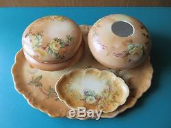 LIMOGES VANITY SET TRAY TRINKET BOX HAIR RECEIVER PIN DISH PLATE hand painted