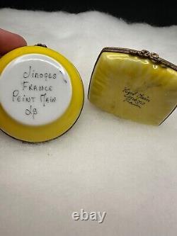 LOT OF 2 Peint Main Limoges Trinket Boxes SUN HAT & BABY Yellow Porcelain Signed