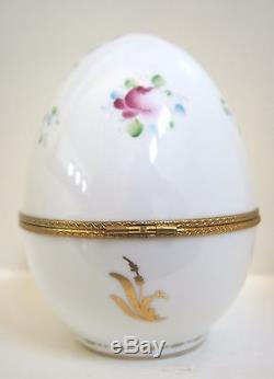 Large Limoges Antique Egg Shaped Trinket Box Pink Ribbon & Bouquet Design