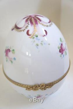 Large Limoges Antique Egg Shaped Trinket Box Pink Ribbon & Bouquet Design