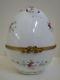 Large Limoges China Trinket Box Egg Shaped Antique With Pink Ribbon & Bouquets