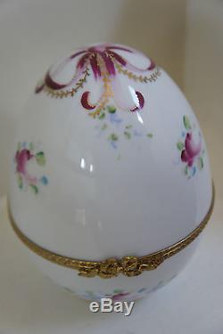 Large Limoges China Trinket Box Egg Shaped Antique with Pink Ribbon & Bouquets
