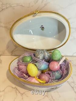 Large Limoges France Peint A Lamain Hand Painted Flowers Egg Trinket Box
