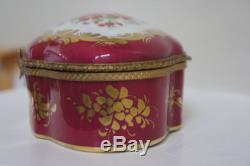 Large Limoges Hinged Trinket Box Dark Red Floral with Gold Accents Main Paris