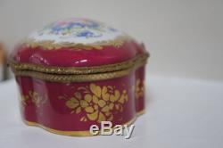 Large Limoges Hinged Trinket Box Dark Red Floral with Gold Accents Main Paris