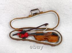 Large Limoges Peint Main Violin and Bow in Case-Trinket Box