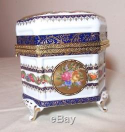 Large Limoges footed porcelain brass ornate floral dresser jewelry box casket