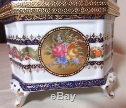 Large Limoges footed porcelain brass ornate floral dresser jewelry box casket