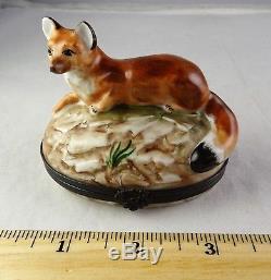 Large Sitting Fox Limoges French Porcelain Trinket Box Peint Main