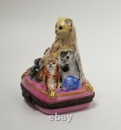 Limited Edition Mother Cat with Kittens On Pink Pillow Limoges Trinket Box RARE