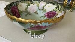 Limoge France Hand Painted Punchbowl Pink, Red, And White Roses