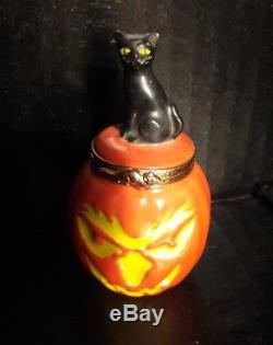 Limoge Petite Main France Halloween Pumpkin Black Cat Trinket Jewelry Box Jack O