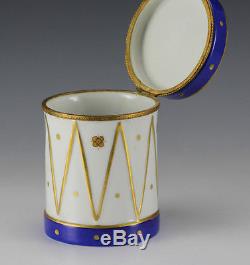 Limoge Porcelain Trinket Box Drum shape, Hinged lid, cobalt blue gold details