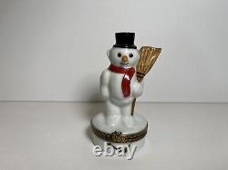Limoges 4 Snowman With Broom Hinged Christmas Trinket Box