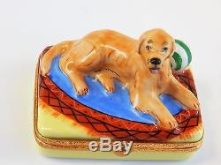 Limoges ARTORIA Hand Painted Hinged Trinket Box Golden Retriever with Ball