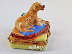 Limoges ARTORIA Hand Painted Hinged Trinket Box Golden Retriever with Ball