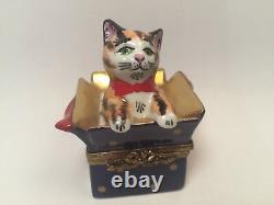 Limoges Adorable KITTY CAT in BLUE Gift Box ROCHARD Trinket Box