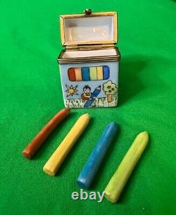 Limoges BOX OF CRAYONS Peint Main Trinket Box Porcelain WITH 4 REMOVABLE CRAYONS