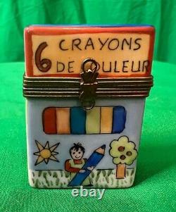 Limoges BOX OF CRAYONS Peint Main Trinket Box Porcelain WITH 4 REMOVABLE CRAYONS