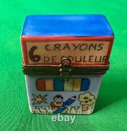 Limoges BOX OF CRAYONS Peint Main Trinket Box Porcelain WITH 4 REMOVABLE CRAYONS