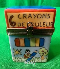 Limoges BOX OF CRAYONS Peint Main Trinket Box Porcelain WITH 4 REMOVABLE CRAYONS