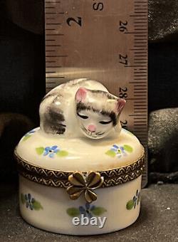 Limoges Black/White & Pink Resting Cat Porcelain Trinket Box Peint Main France