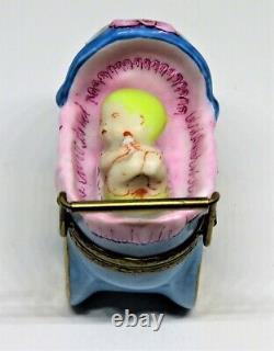 Limoges Box Baby & Bottle In Pink & Blue Carriage Pram Teddy Bear Peint Main
