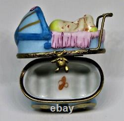 Limoges Box Baby & Bottle In Pink & Blue Carriage Pram Teddy Bear Peint Main