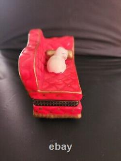 Limoges Box Ceramic Red Chaise Cat Sleeping Pillows Vintage French Trinket Box