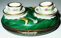 Limoges Box Chamart Teacups Tea For Two Set & Tray Croissants Peint Main