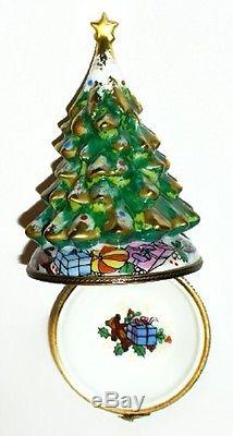 Limoges Box Christmas Tree & Gold Star Teddy Bear & Ball & Gifts Holly