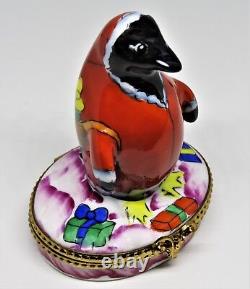 Limoges Box- Christmas Whimsical Penguin In A Santa Claus Suit Sack Of Gifts