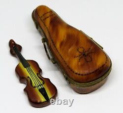 Limoges Box Parry-vieille Violin In A Brown'leather' Case Peint Main Pv