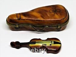 Limoges Box Parry-vieille Violin In A Brown'leather' Case Peint Main Pv