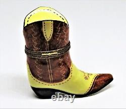 Limoges Box Rochard Beige & Brown Western Cowboy Boot Texas Horse Clasp