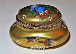 Limoges Box Rochard Vintage Gold Inkwell Flowers & Butterfly & Dragonfly