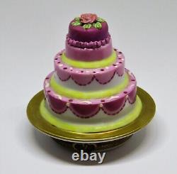 Limoges Box Wedding Cake On A Gold Plate Rose Flower & Gold Rings Peint Main