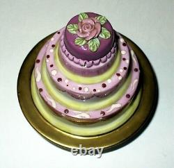 Limoges Box Wedding Cake On A Gold Plate Rose Flower & Gold Rings Peint Main