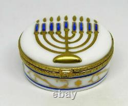 Limoges Box -rochard- Judaica Hanukkah Gold Menorah & Candles Jewish Stars