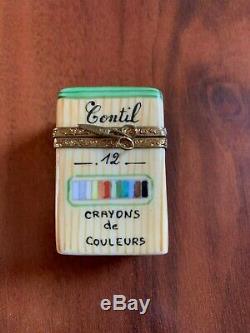 Limoges Box with Crayons Contil Crayons de Couleurs Peint Main France RARE New