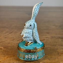 Limoges Bunny Rabbit Trinket Box Teal Herend Fishnet Style Hand Painted France