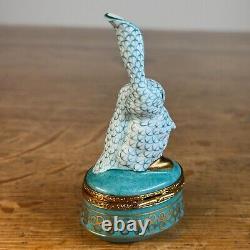 Limoges Bunny Rabbit Trinket Box Teal Herend Fishnet Style Hand Painted France