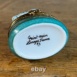 Limoges Bunny Rabbit Trinket Box Teal Herend Fishnet Style Hand Painted France