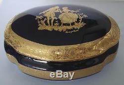 Limoges Castel Large 8 Oval Trinket Box Fragonard Cobalt Blue 22k Gold