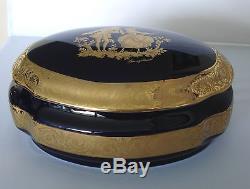 Limoges Castel Large 8 Oval Trinket Box Fragonard Cobalt Blue 22k Gold